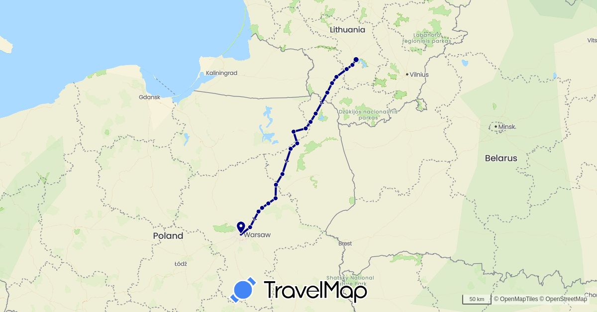 TravelMap itinerary: driving in Lithuania, Poland (Europe)